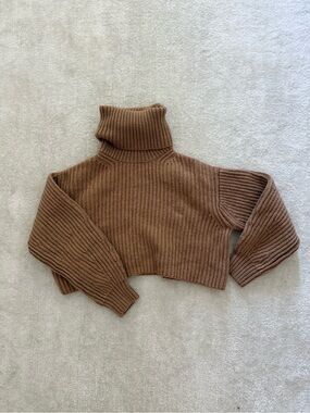 Aritzia Babaton Cropped Ribbed Turtleneck Sweater - Warm Brown